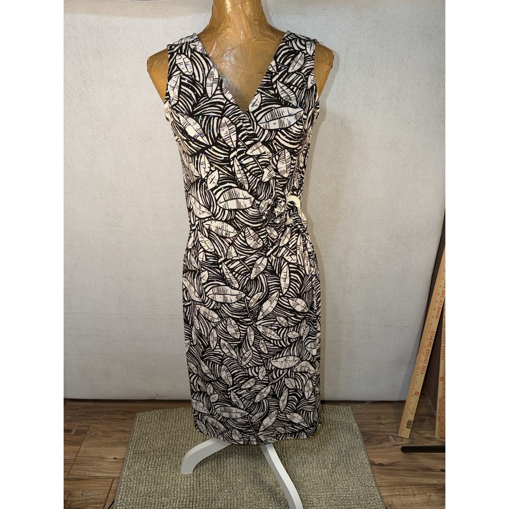 Joseph Ribkoff Black White Leaf Design Dress Rhinestone Accents Size 10